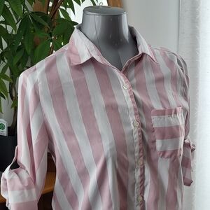 Elegant Pink and White Striped Button Down Shirt Size M